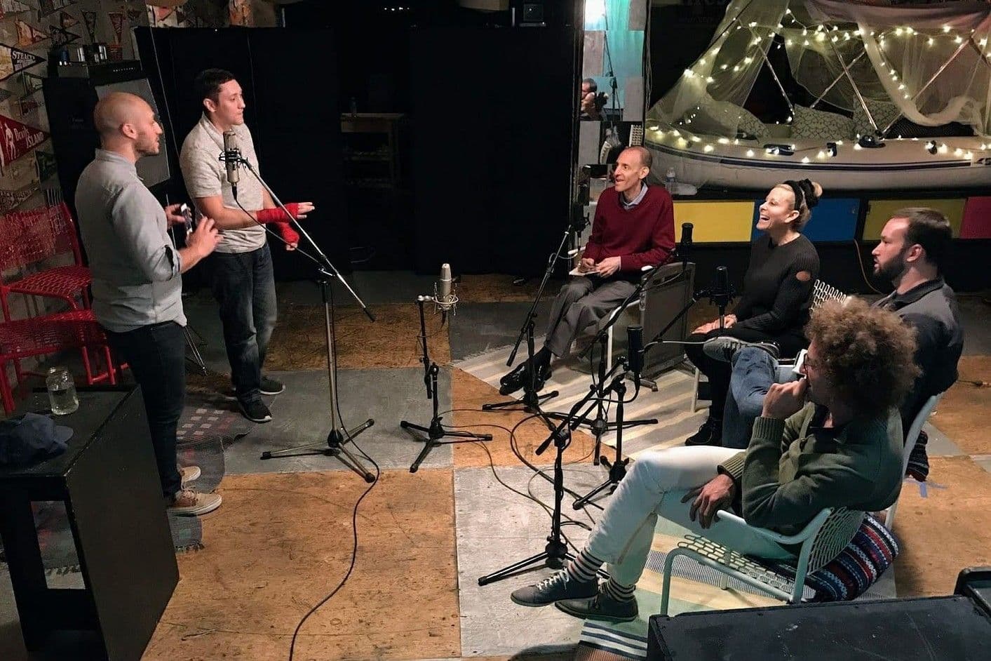 Khalil Zahar and Tommy Duquette pitching FightCamp to the investor panel at The Pitch's first San Francisco recording session